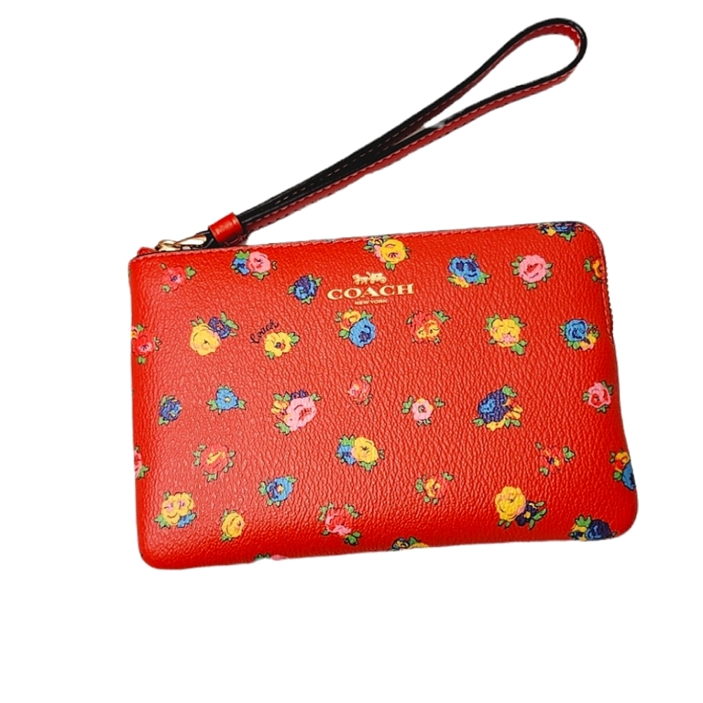 Coach Corner Zip Wristlet with Mini Vintage Rose in Miami Red